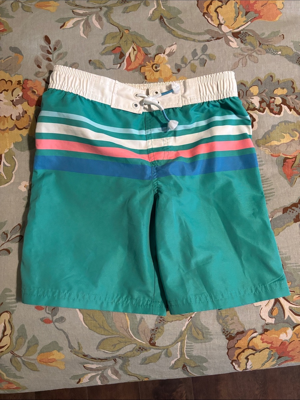 Mini Boden 8/9 Teal Stripe Boys Swim Trunks